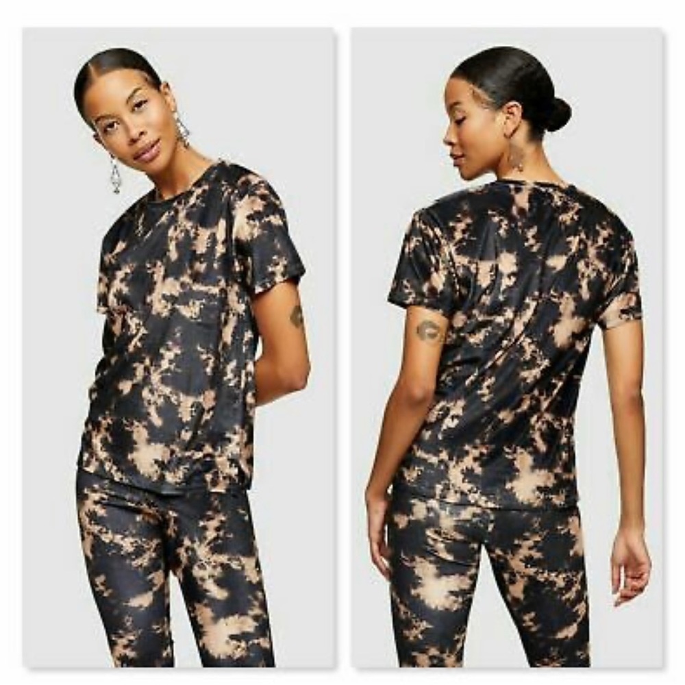 Topshop Velour Black Tie Dye Short Sleeve Crewneck Top Women Size 8-10